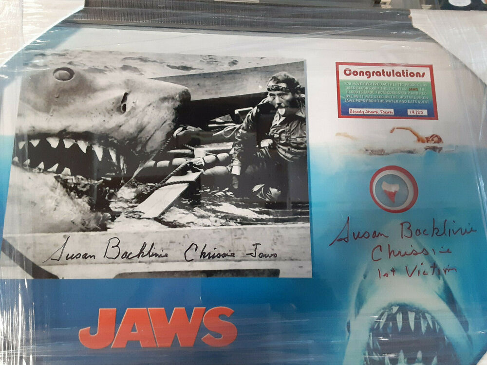 JAWS used blood tooth  Autographed 20X15 No Framed display signed 1st victim 2 sigs