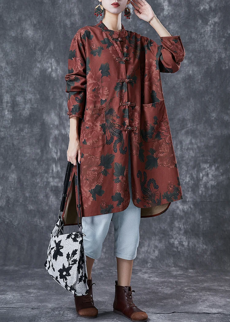 Dull Red Floral Print Linen Chinese Style Shirt Dress Fall