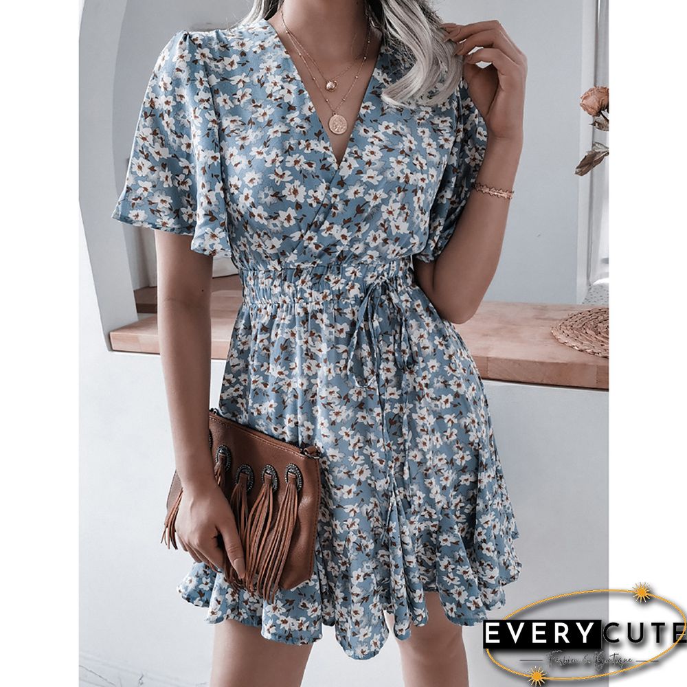 Light Blue Pleated Ruffle Detail V Neck Floral Dress