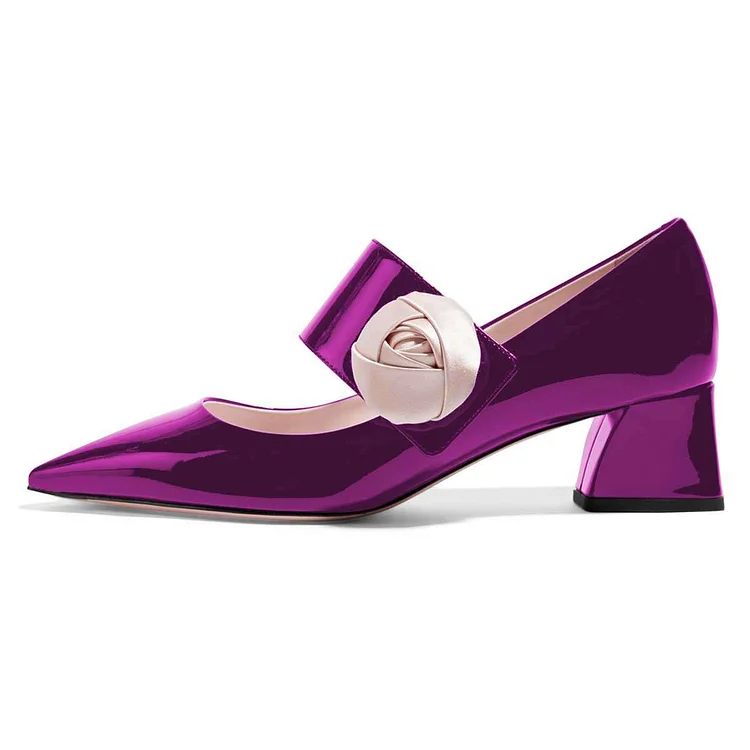 Purple Mirror Leather Block Heels Satin Flower Pumps Vdcoo