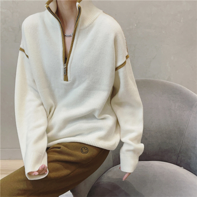 Rotimia Stand Collar Zip Colorblock Loose Fashion Sweater