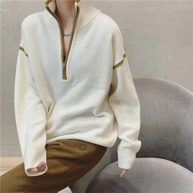 Stand Collar Zip Colorblock Loose Fashion Sweater