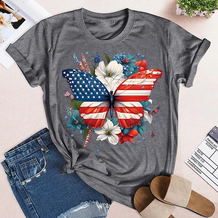 American Flag Butterfly Flowers Round Neck T-shirt-0019018