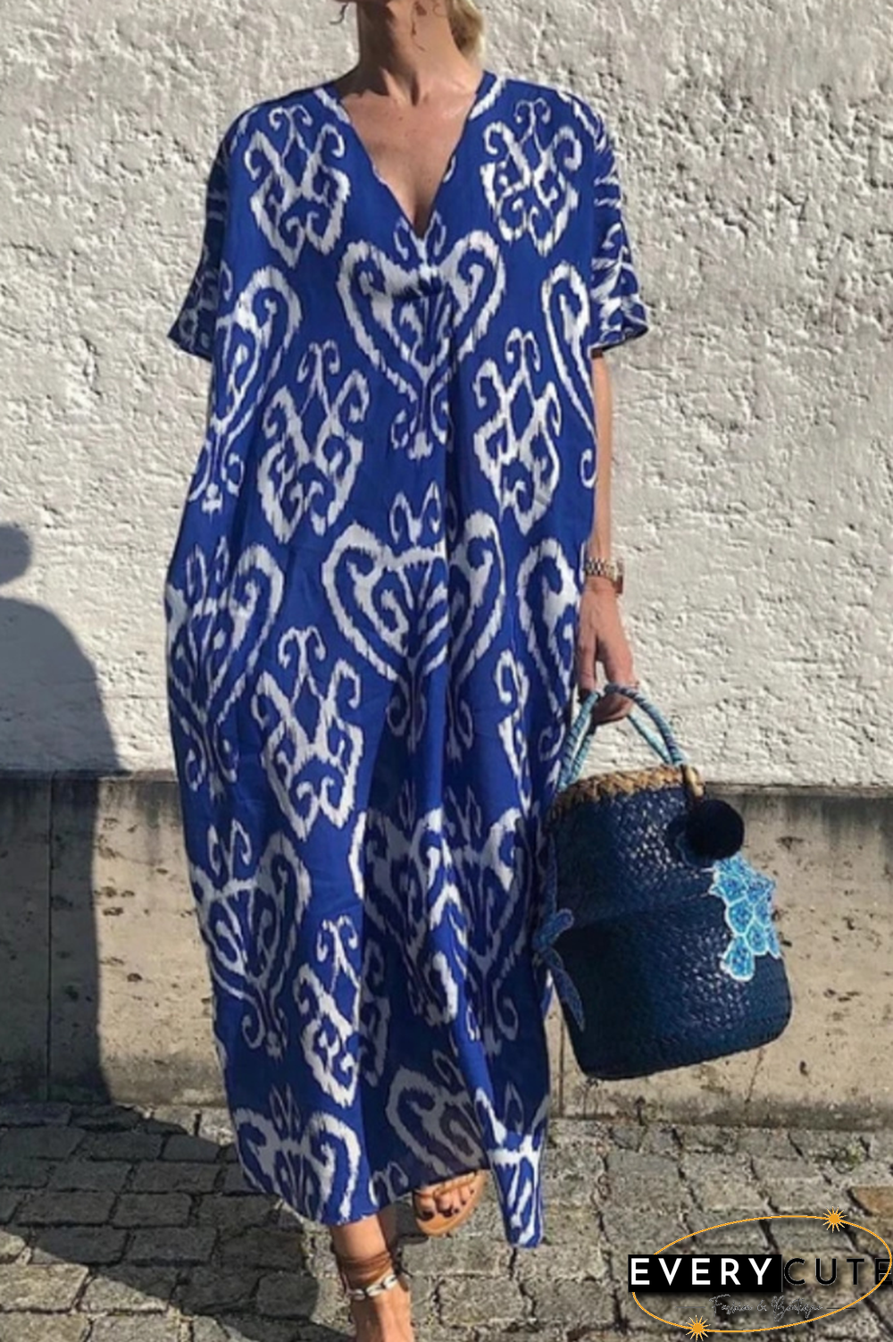 Casual Print Split Joint V Neck Straight Dresses