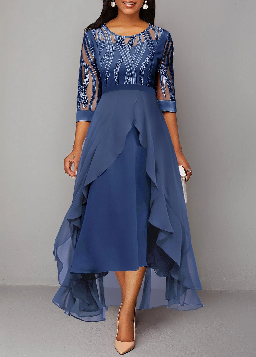 Sequin Blue Mesh Stitching High Low Dress