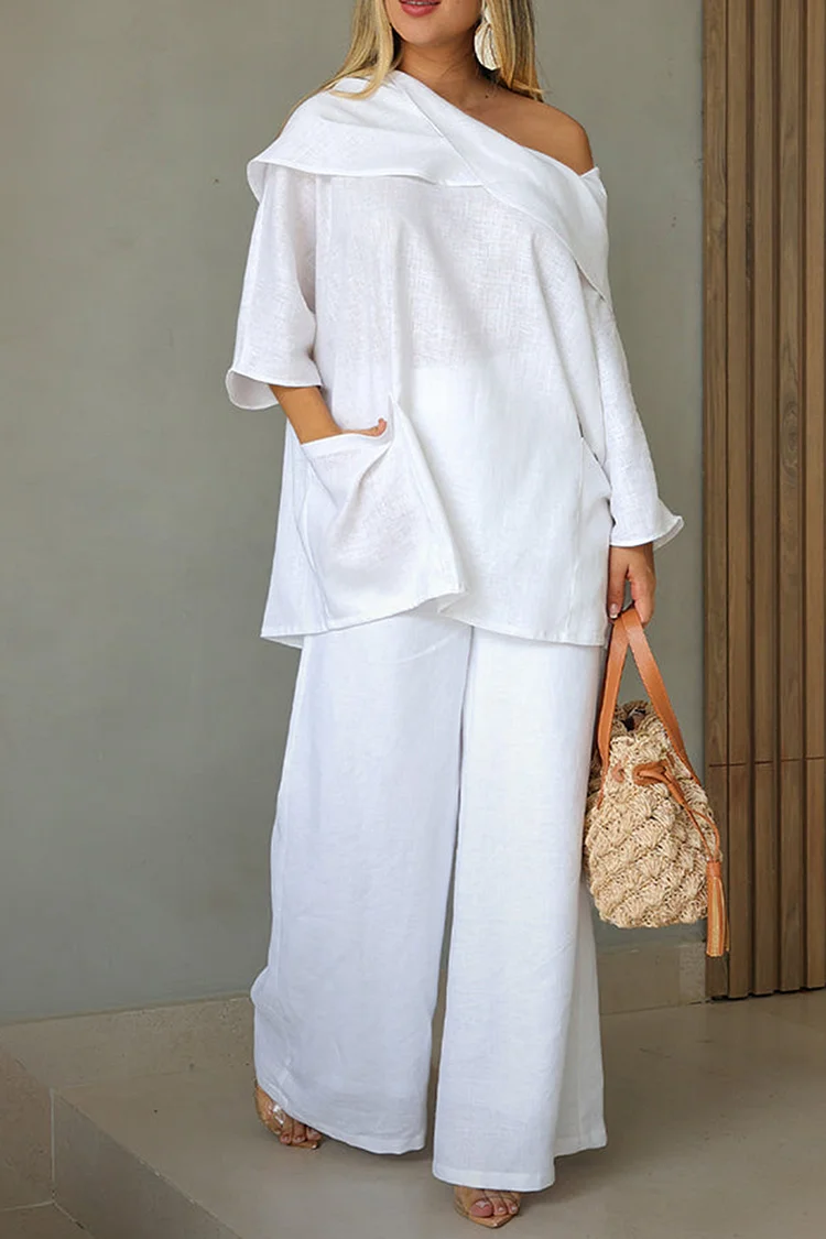 Plus Size Vacation White Casual Oblique Collar 3/4 Sleeve Pocket Two Piece Pant Sets [Pre-Order] 2024 - Xpluswear