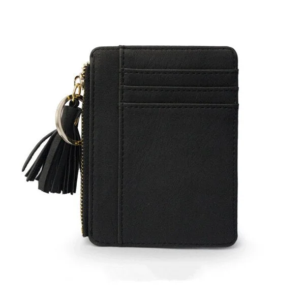 PURDORED 1 Pc Mini Tassel Card Holder Matt Leather Women Business Card Case Zipper ID Card Holder Coin Purse Keychain Wallet