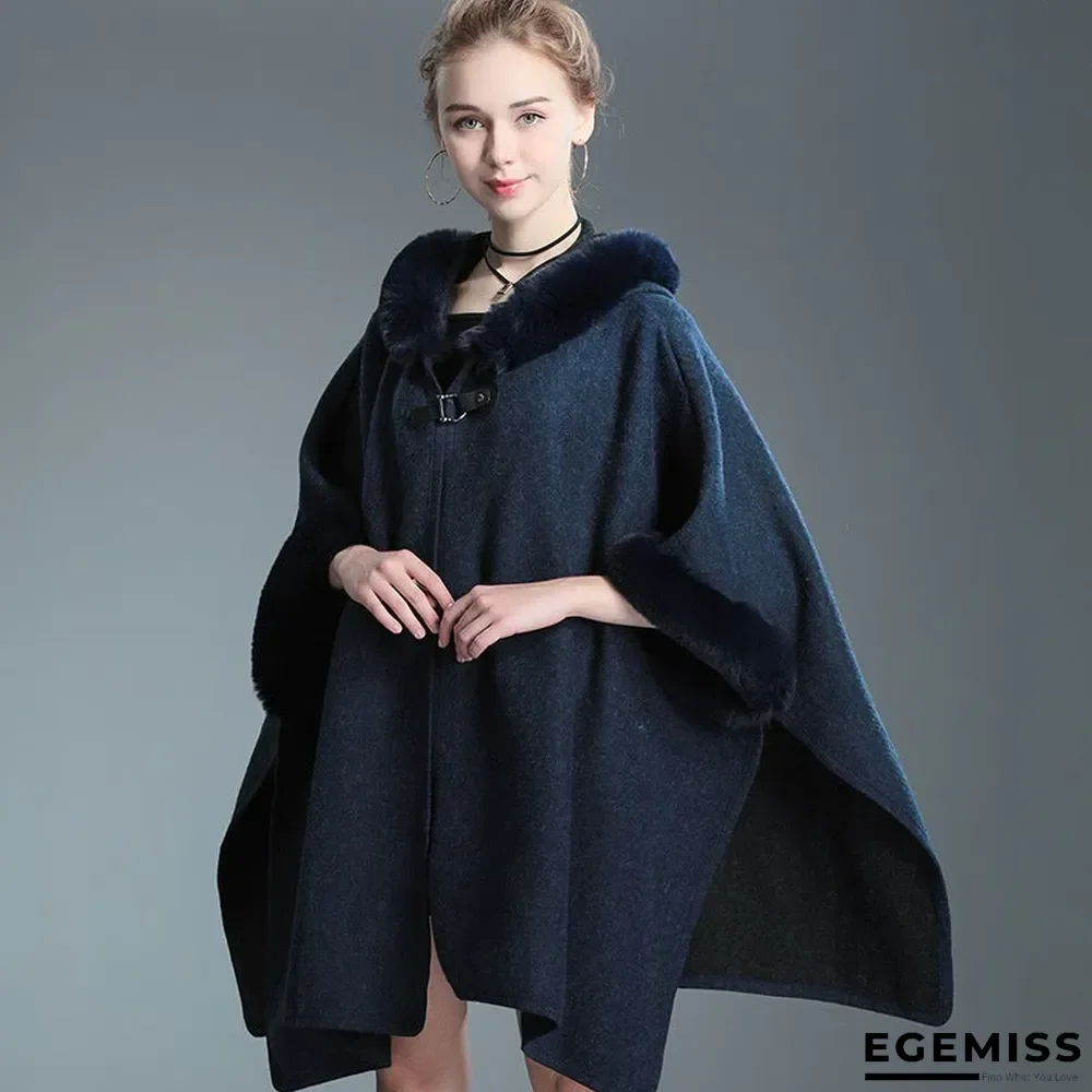 Autumn and Winter Fur Collar Hooded Shawl Cloak Large Size Woolen Coat Loose Cardigan Women | EGEMISS