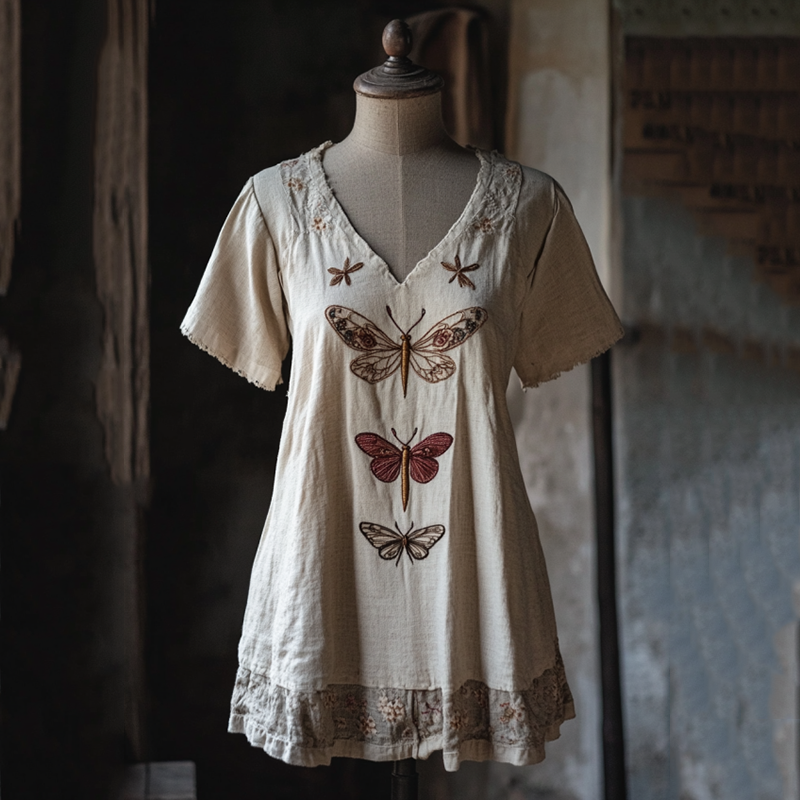 Comstylish Vintage Floral Dragonfly Embroidery Linen Art Lace Trim Women's Linen Shirt