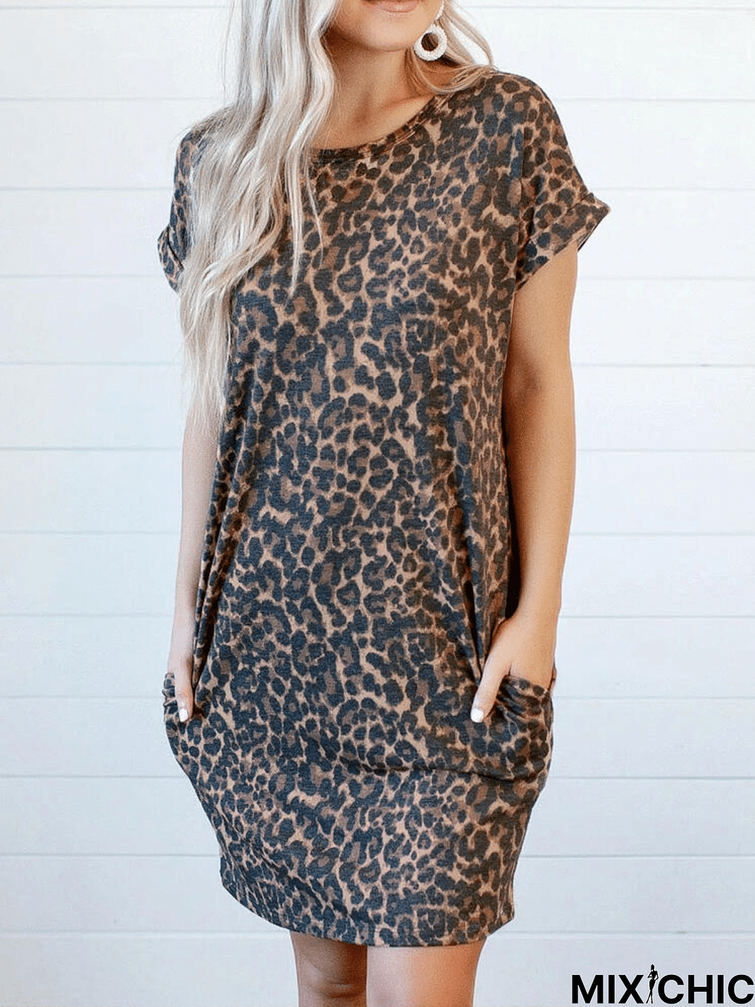 Crew Neck Leopard Casual Short Sleeve Weaving Dress