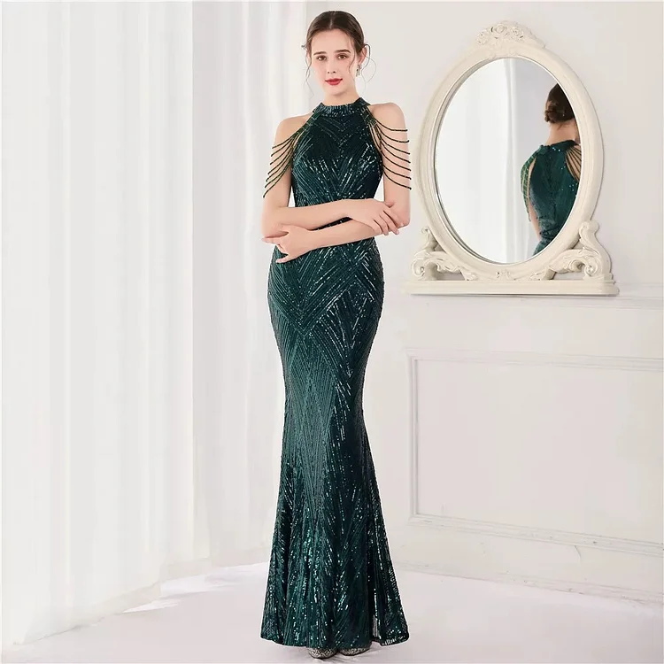 Beaded Sequin Halter Long Mermaid Evening Gown