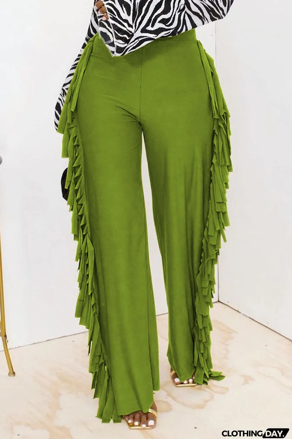 Champagne Fashion Solid Tassel Straight High Waist Straight Solid Color Bottoms