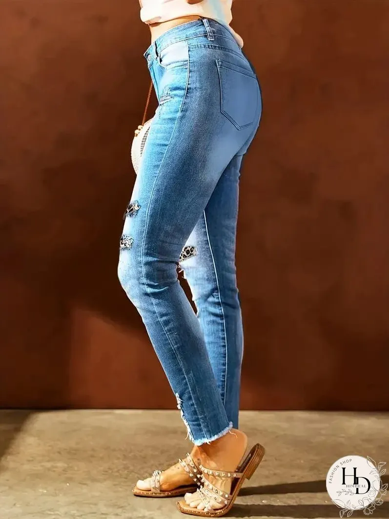 Blue Raw Hem Straight Jeans with Leopard Print Patchwork Detail and Ripped Holes - Women's Denim Clothing