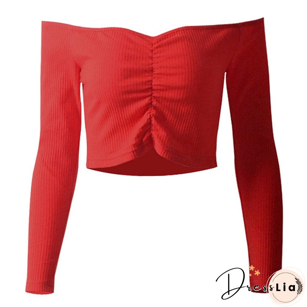 Summer Shirt T-shirt Casual Lady Long Sleeve Wrapped Chest Word Shoulder Fashion Tops