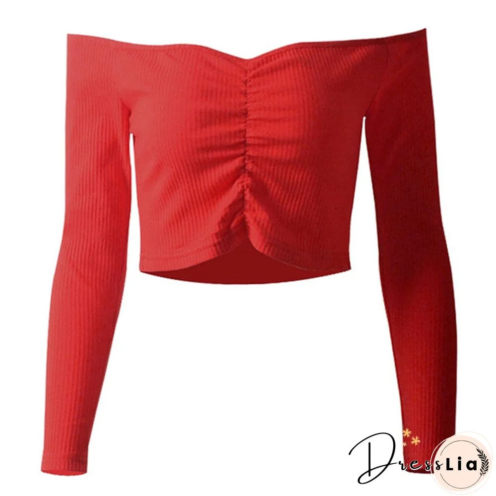 Summer Shirt T-shirt Casual Lady Long Sleeve Wrapped Chest Word Shoulder Fashion Tops