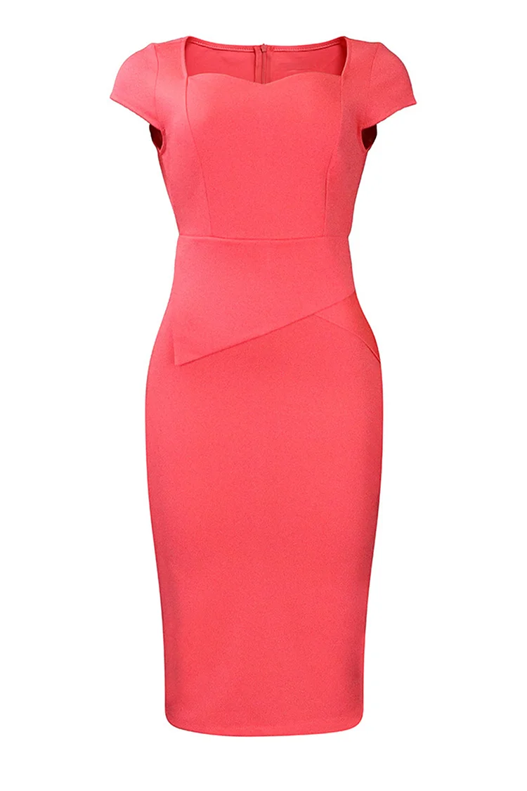1950s Pink Formal Solid Color Fold Square Neck Cap Sleeve Pencil Midi Dress