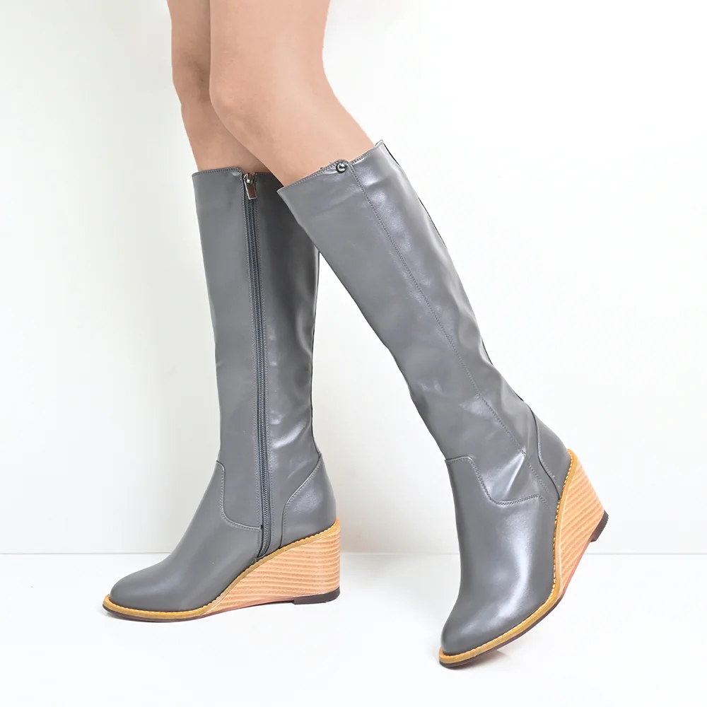 Gray Round Toe Boots Wedge Heel Knee High Boots