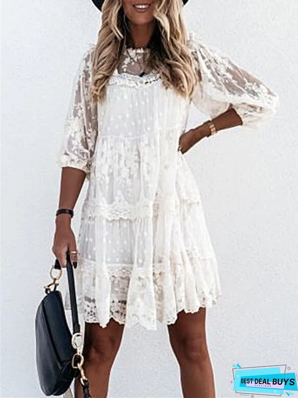 Spring and Summer Solid Lace Patchwork Lace 3 / 4 Sleeve Medium Length Dress