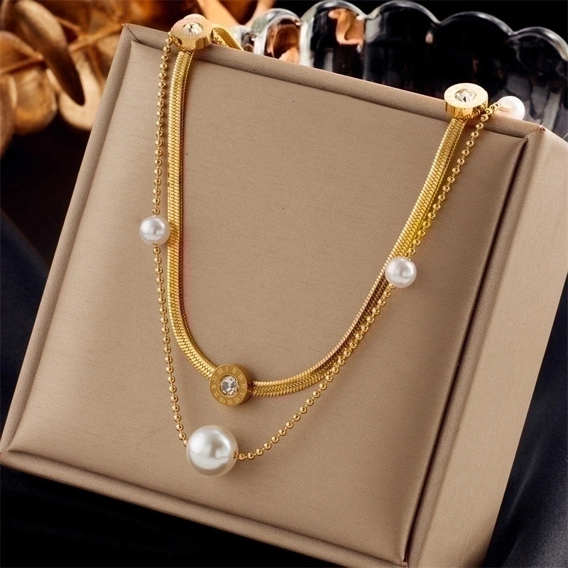 Ig Style Minimalist Geometric Titanium Steel Plating Inlay Artificial Pearls Rhinestones Shell Necklace3
