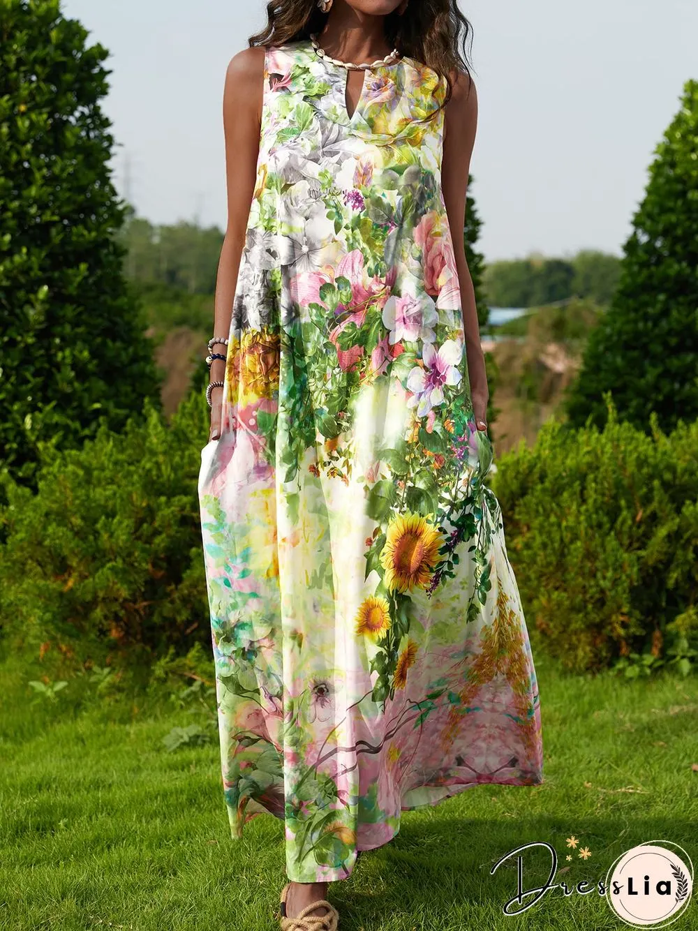 Sleeveless Floral V Neck Dresses