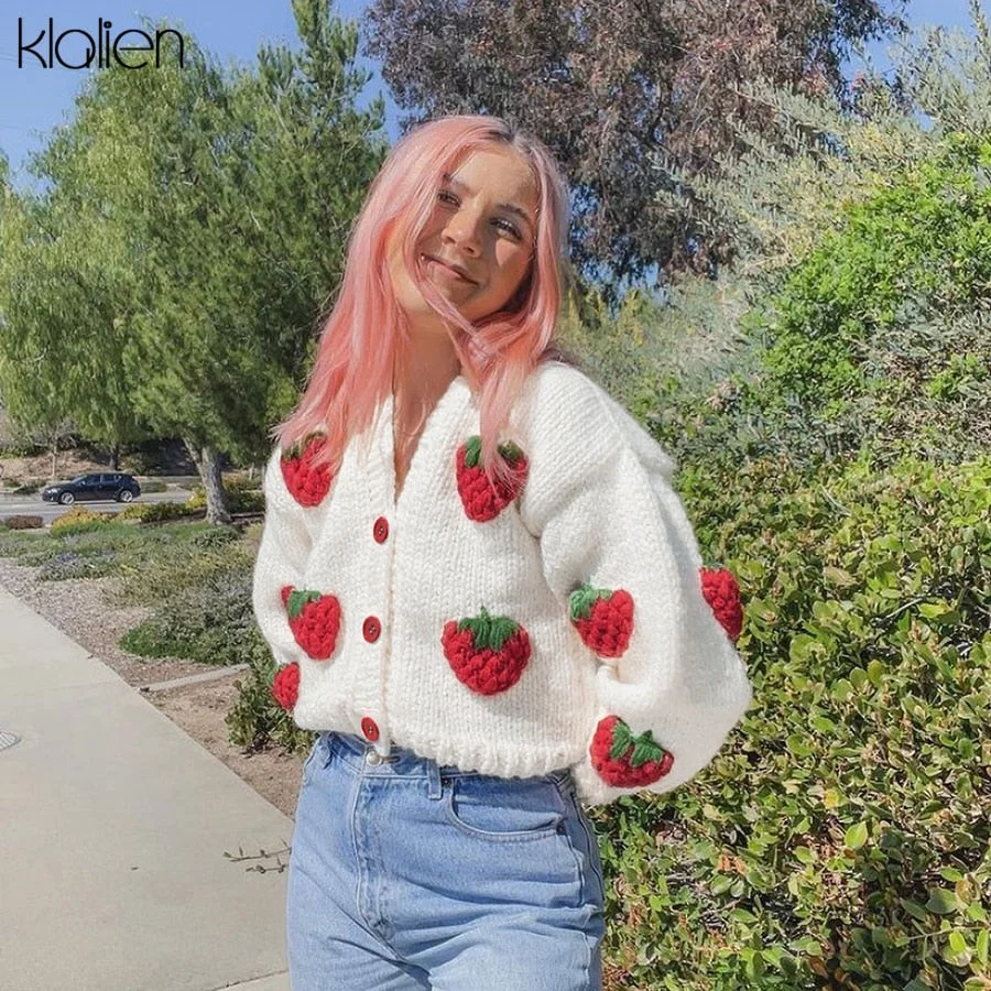 KLALIEN Fashion Elegant Cute Print Strawberry Single Breasted Sweater Women Autumn Thicken Warm Cardigan Sweater Streetwear