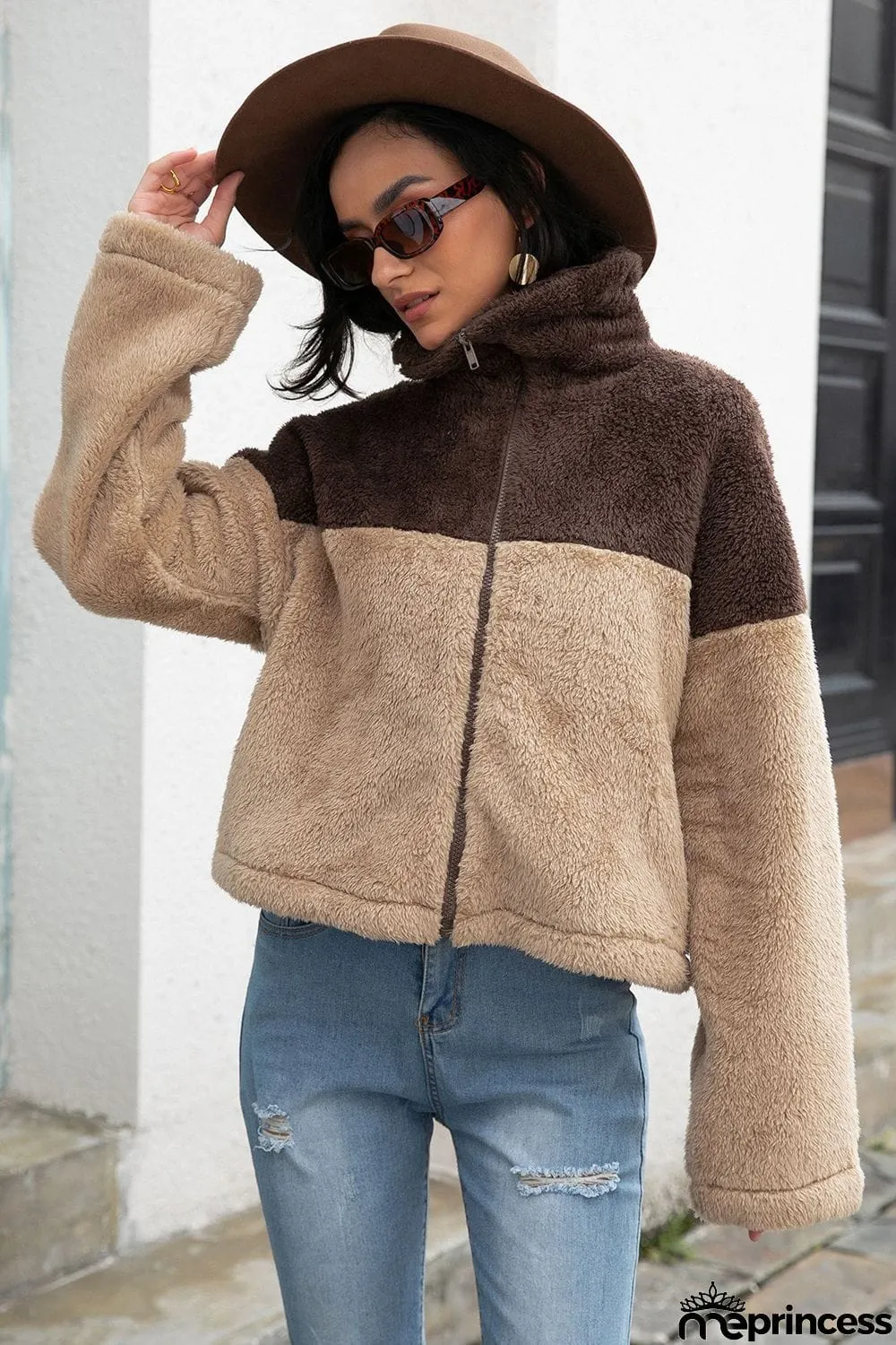 Two-Tone Collared Neck Fuzzy Jacket