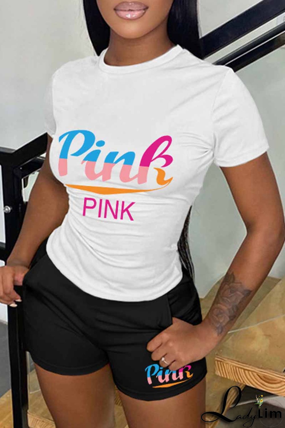 Pink Casual Print Letter O Neck Short Sleeve Two Pieces