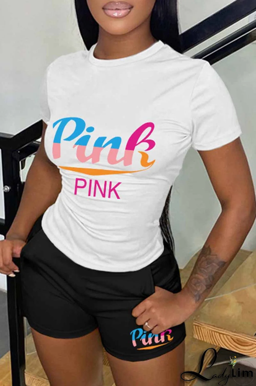 Pink Casual Print Letter O Neck Short Sleeve Two Pieces