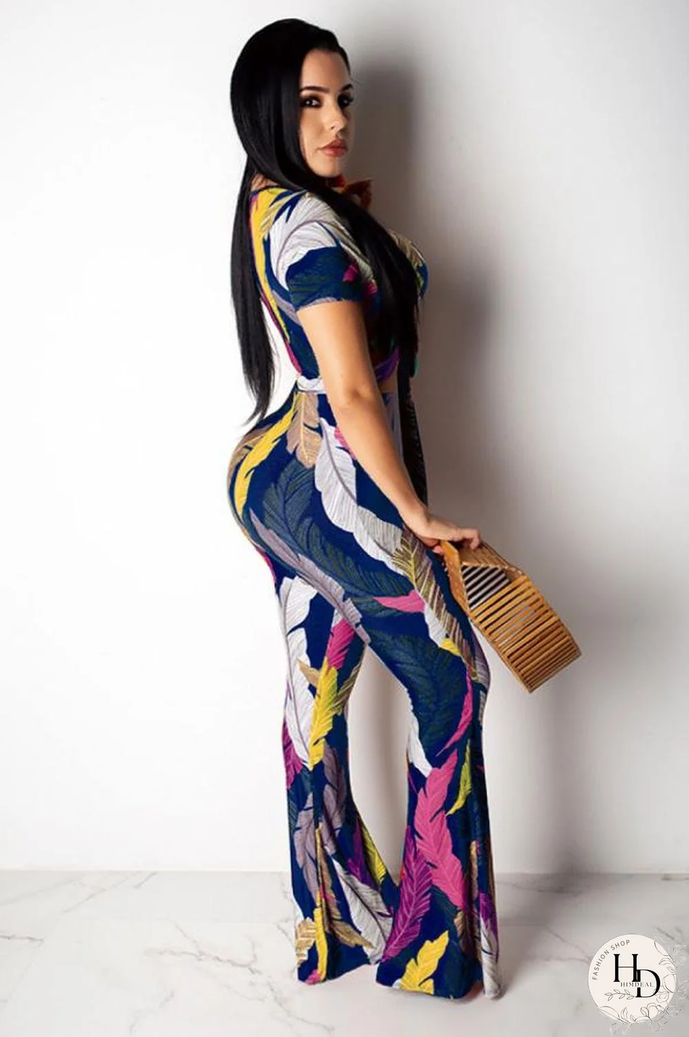 Yellow Polyester Fashion Sexy Patchwork Print Boot Cut Short Sleeve Two-piece Pants Set