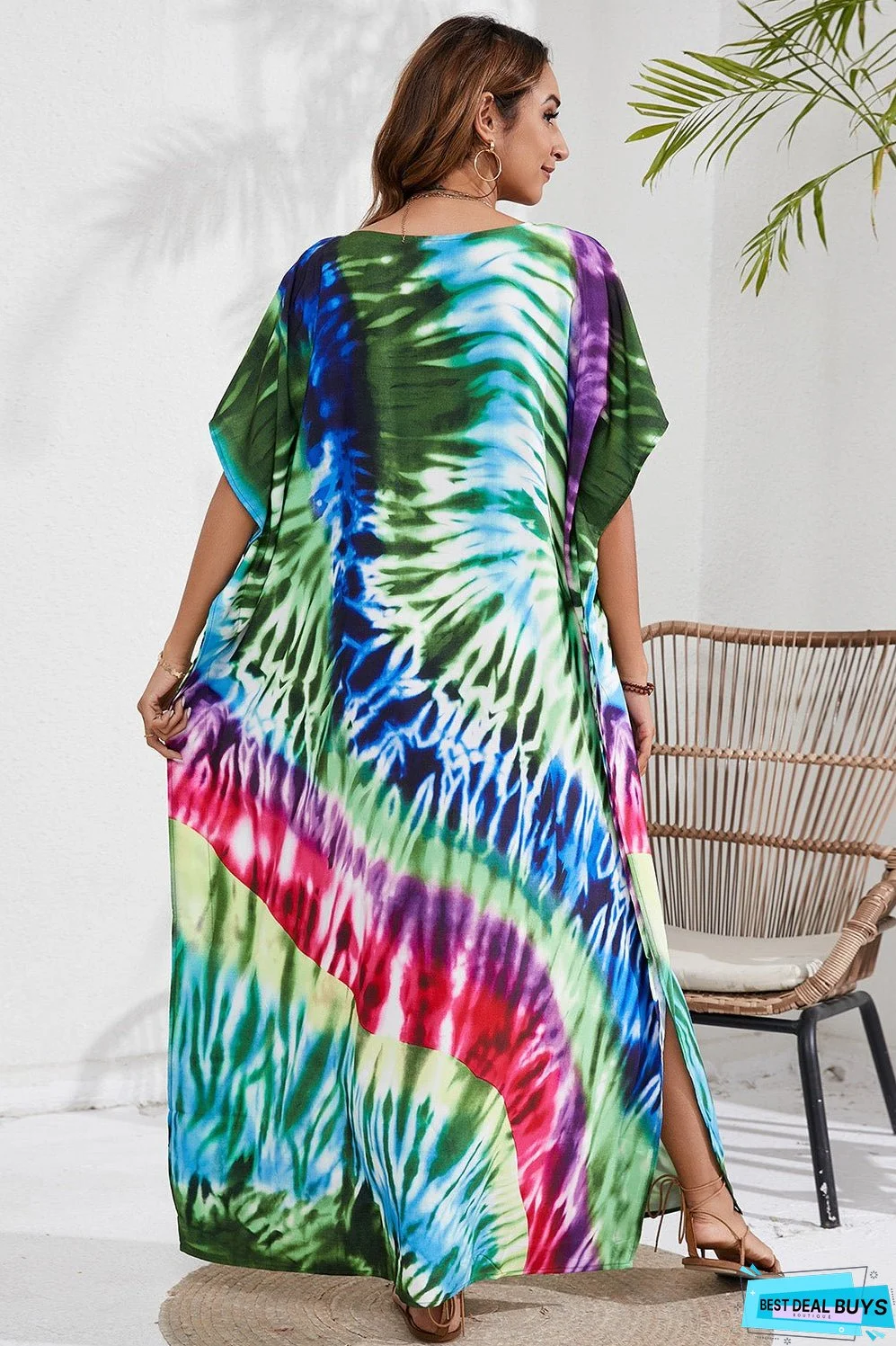 Slit Printed V-Neck Short Sleeve Cover Up