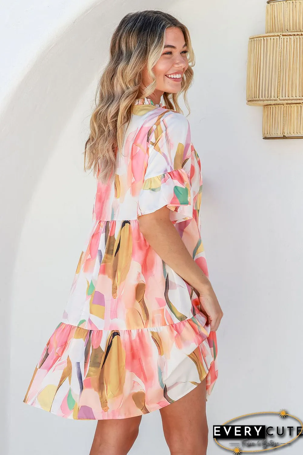 Pink Geometric Print Ruffled Short Sleeve Tied V-Neck Mini Dress