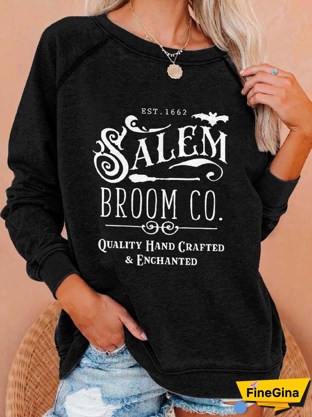 Salem Broom Co Quality Handcrafted Enchanted Est 1692 Print Sweatshirt