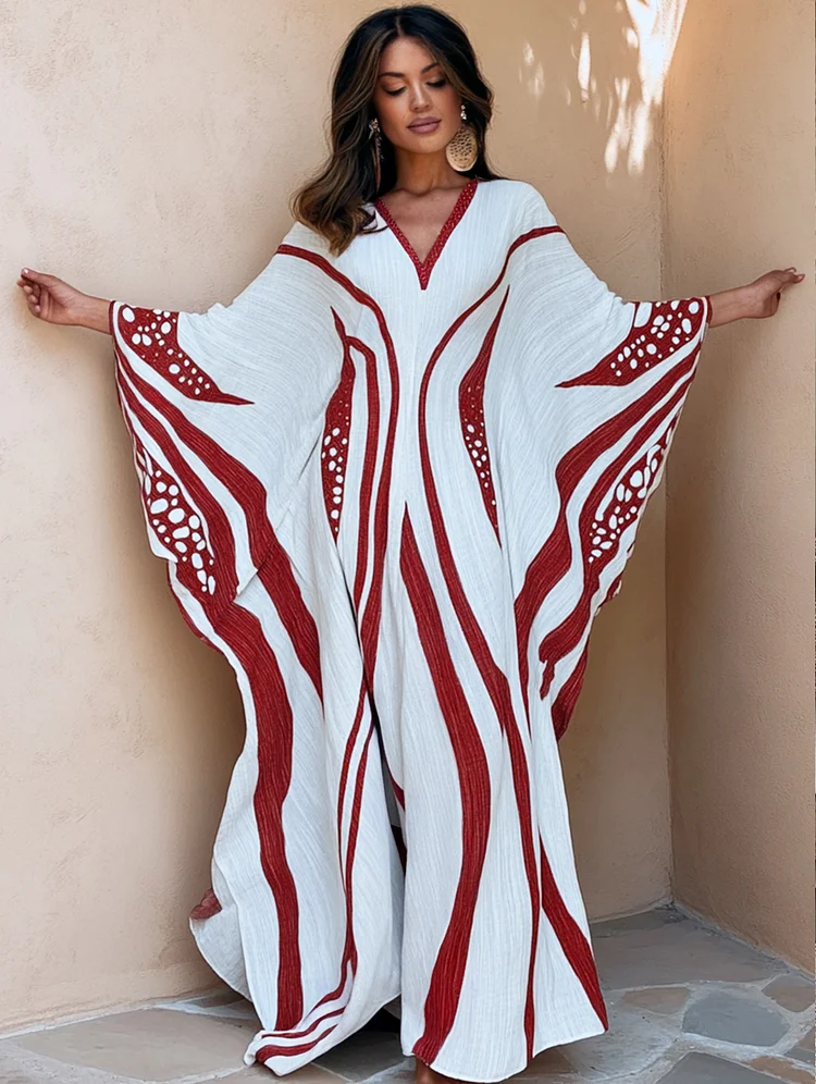 Brushstroke Art Red Color Linen V-neck Long Kaftan