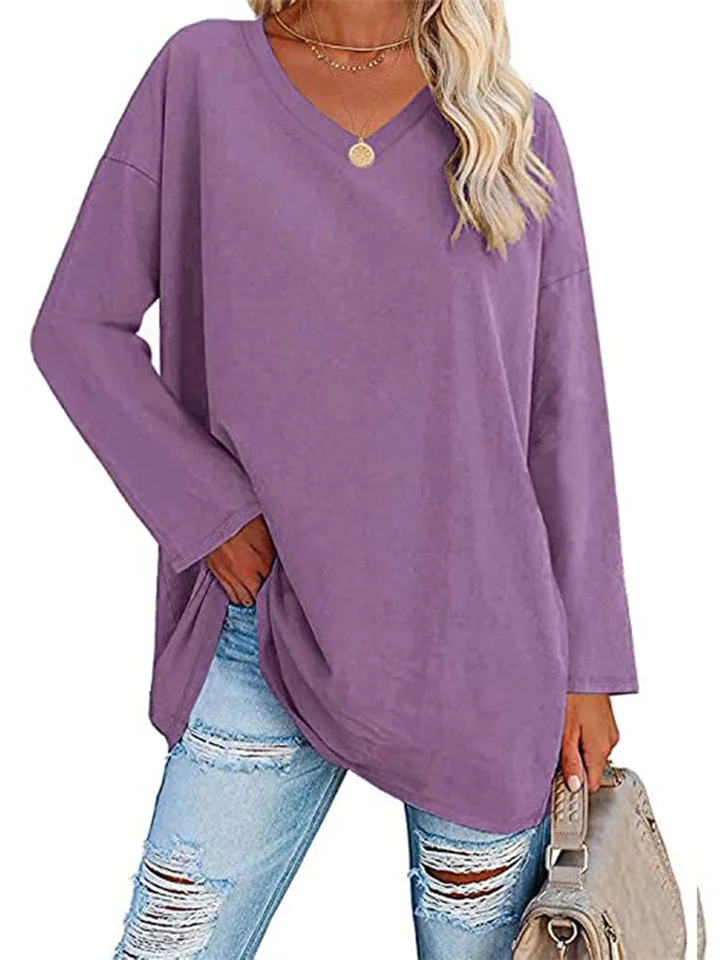 Multicolor Loose Drop Shoulder Sleeve V-neck Solid Color Female Tops-Cosfine