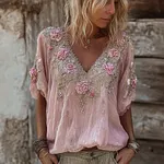 Vintage Boho Pink Roses Lace Flowy Linen Tunic - Image 2