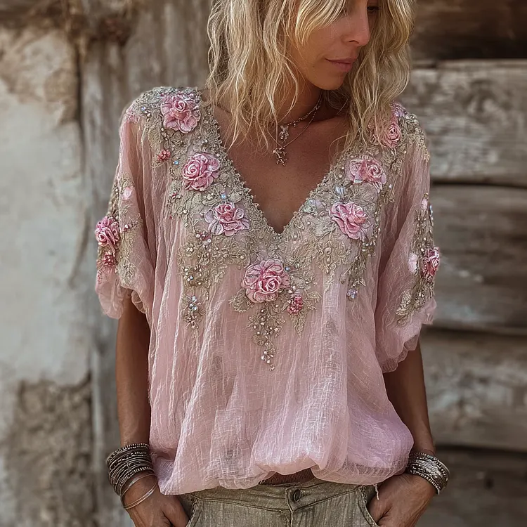 Vintage Boho Pink Roses Lace Flowy Linen Tunic