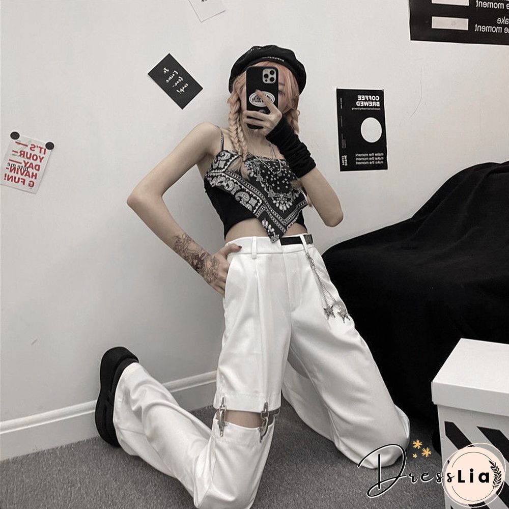 Vintage Harajuku Hollow Out Wide Leg Pants Women High Waist Casual Korean Streetwear Cargo