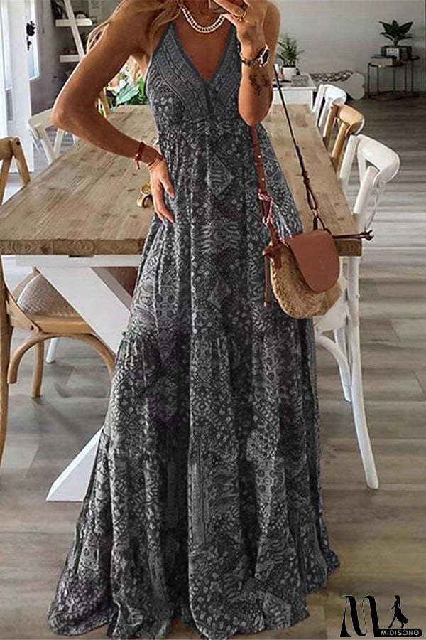 MidiSono - Celeste Boho Printed Strap Elastic Waist Maxi Dresses