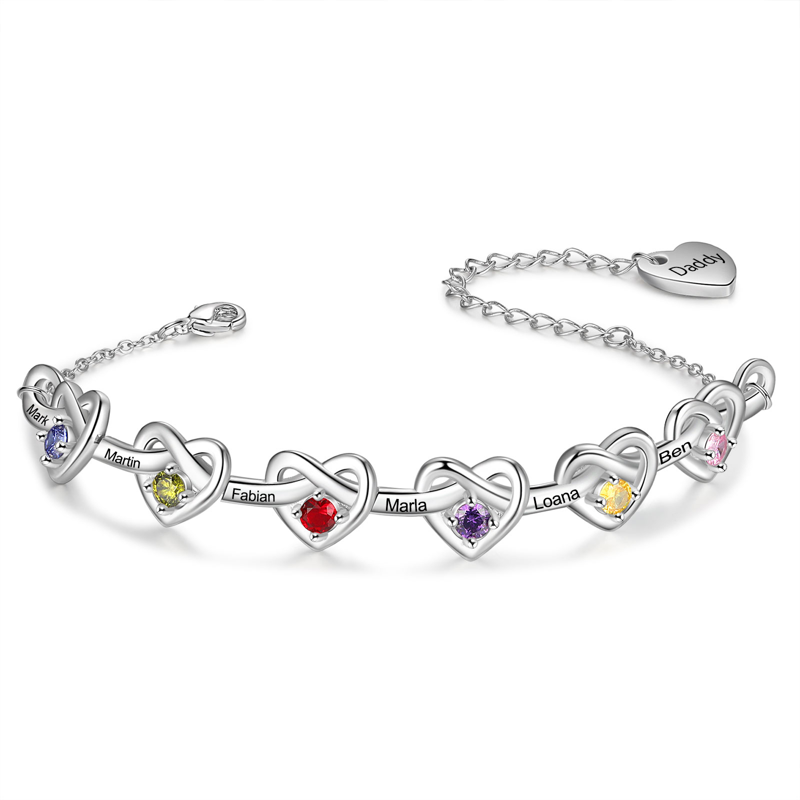 Braccialetto da cuore a cuore personalizzato con 6 pietre di nascita e 6 nomi personalizzati regalo per donna