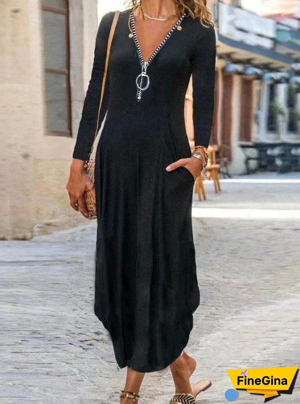 Womens Black V-neck Fashion Maxi Dress Black Dresses