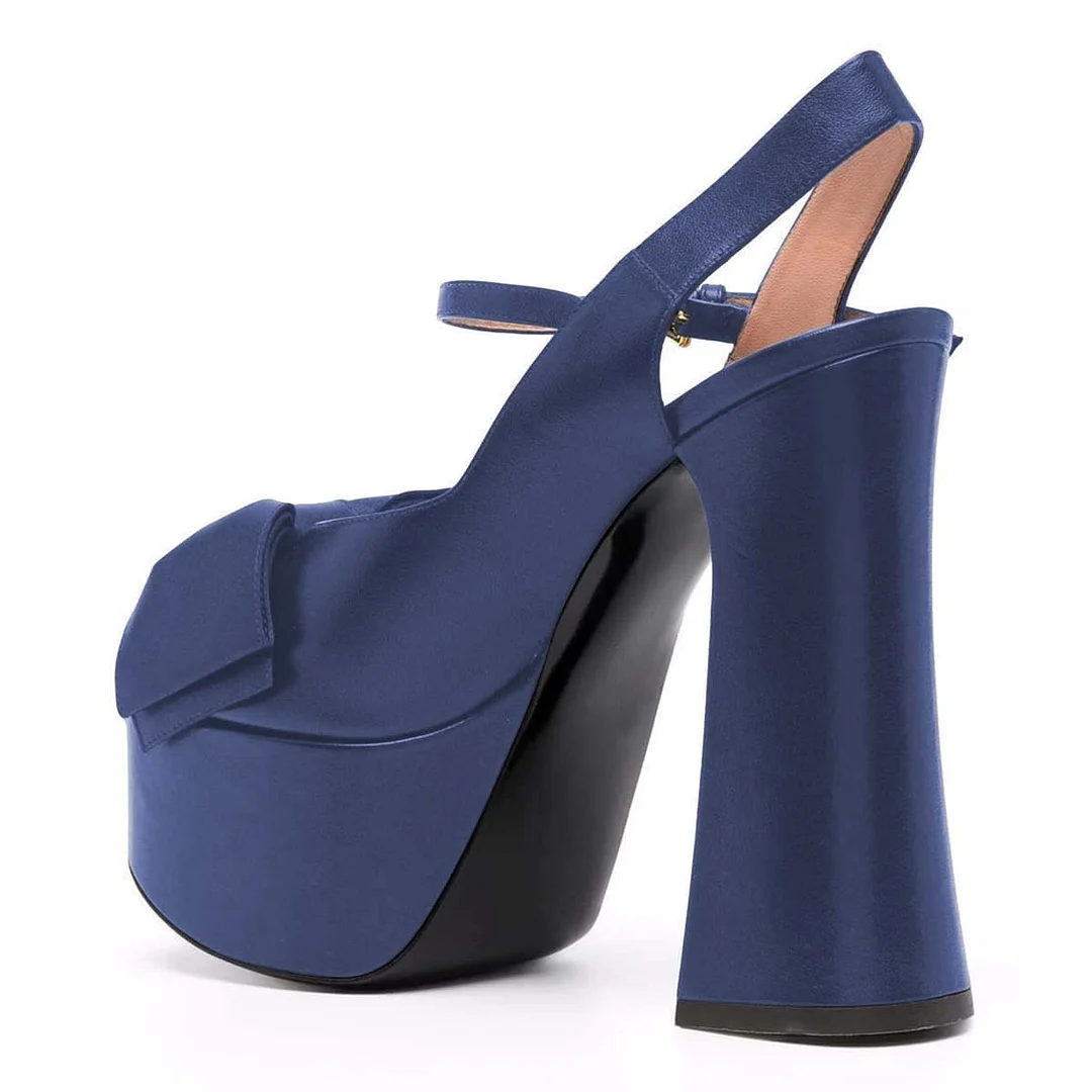 Navy Peep Toe Bow Decor Chunky Heel Ankle Strap Platform Sandals