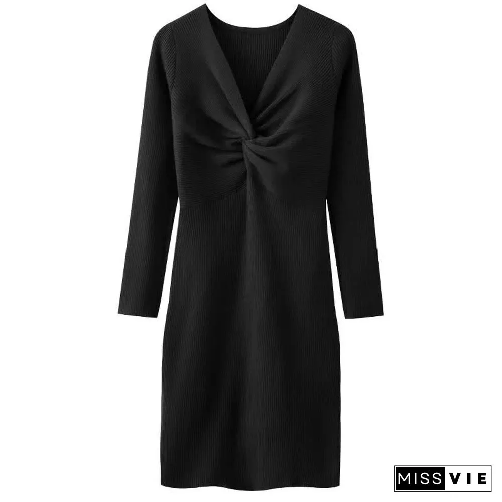 Pure Color V-neck Slim Knit Sweater Dress