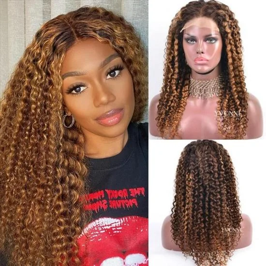 YVONNE 250% Density Ombre Hair Color T4-4/27 Malaysian Curly 5*5 / 13*4 Lace Closure Piano Color Highlight Wigs