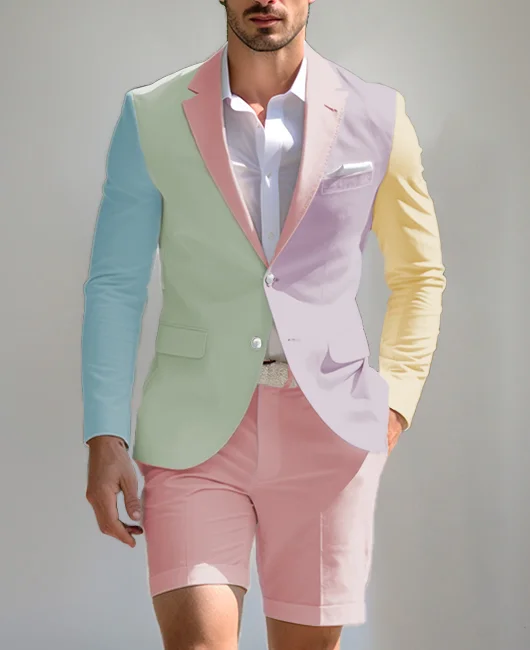 Wedding Color Blocks Notched Lapel Blazer & Shorts 2Pcs Set 