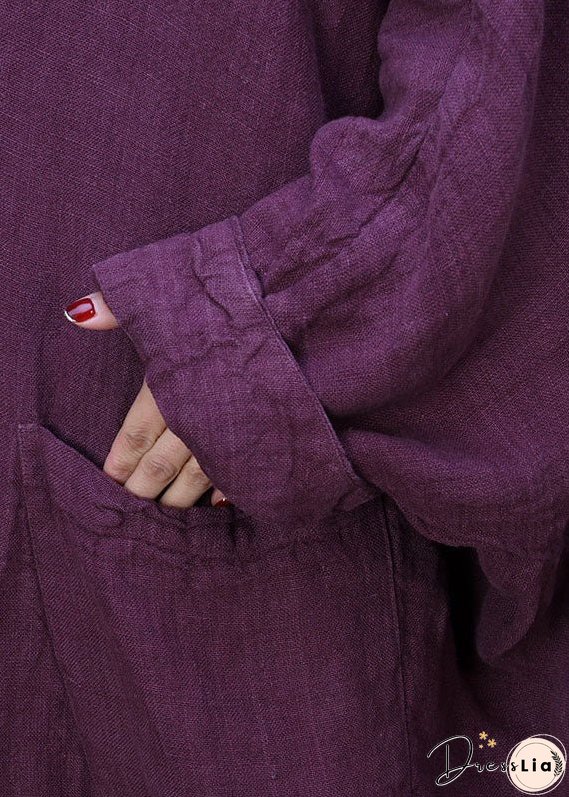 Plus Size Purple V Neck Floral Linen Coat Outwear Long Sleeve