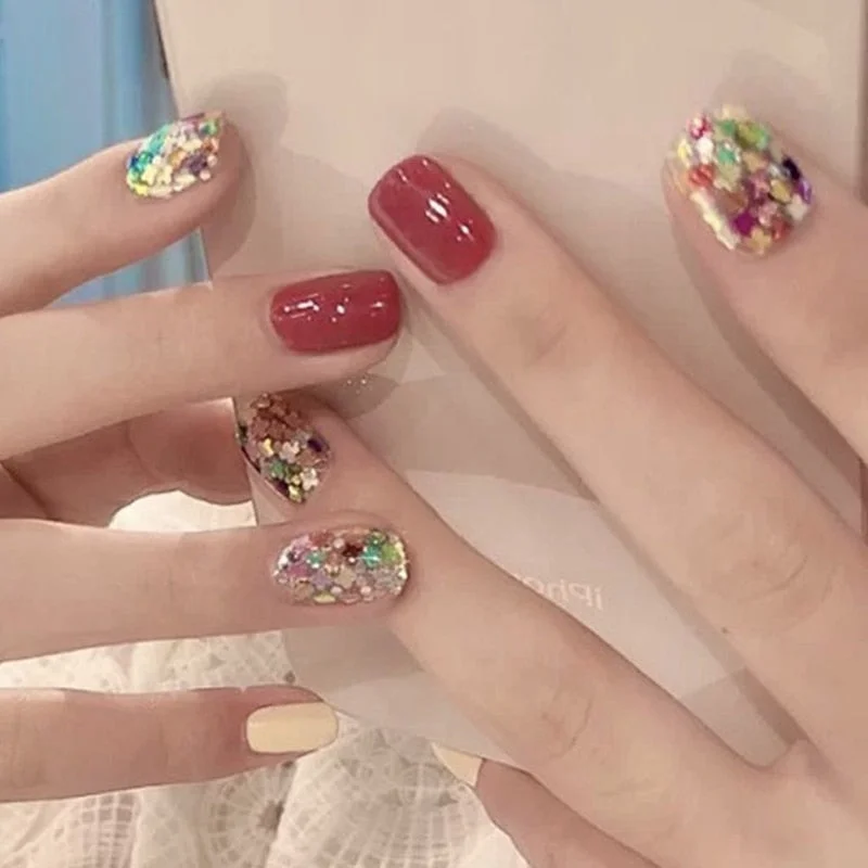 Short Square False Nails 24 PCS Stick on Jelly Fake Nail Piece Full Cover Glossy Manicure for Nail Salon Art DIY SANA889-Nail Inspo