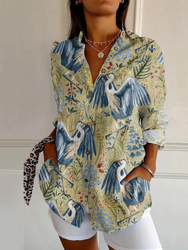 Japanese Blue Crane Flowers Print Casual Long-sleeved Shirt
