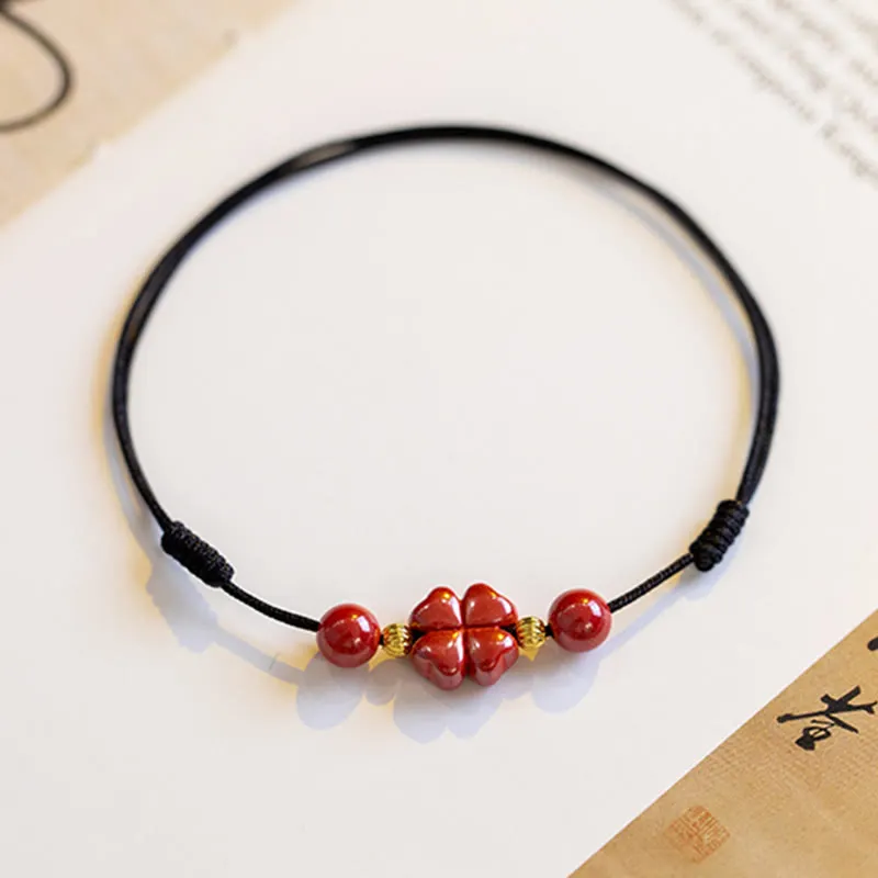 Four Leaf Clover Cinnabar Blessing Calm String Bracelet Anklet