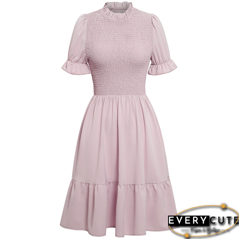 Light Pink Stand Neck Pleated Short Sleeve Dress