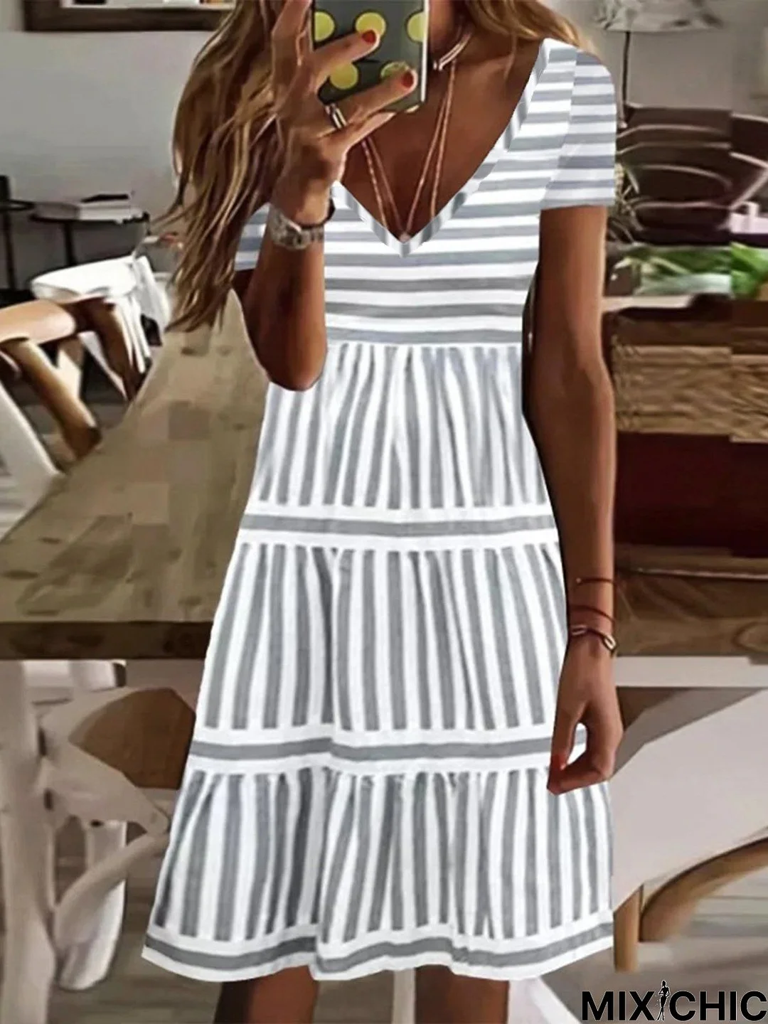 V Neck Striped Casual Short Sleeve A-Line Dress